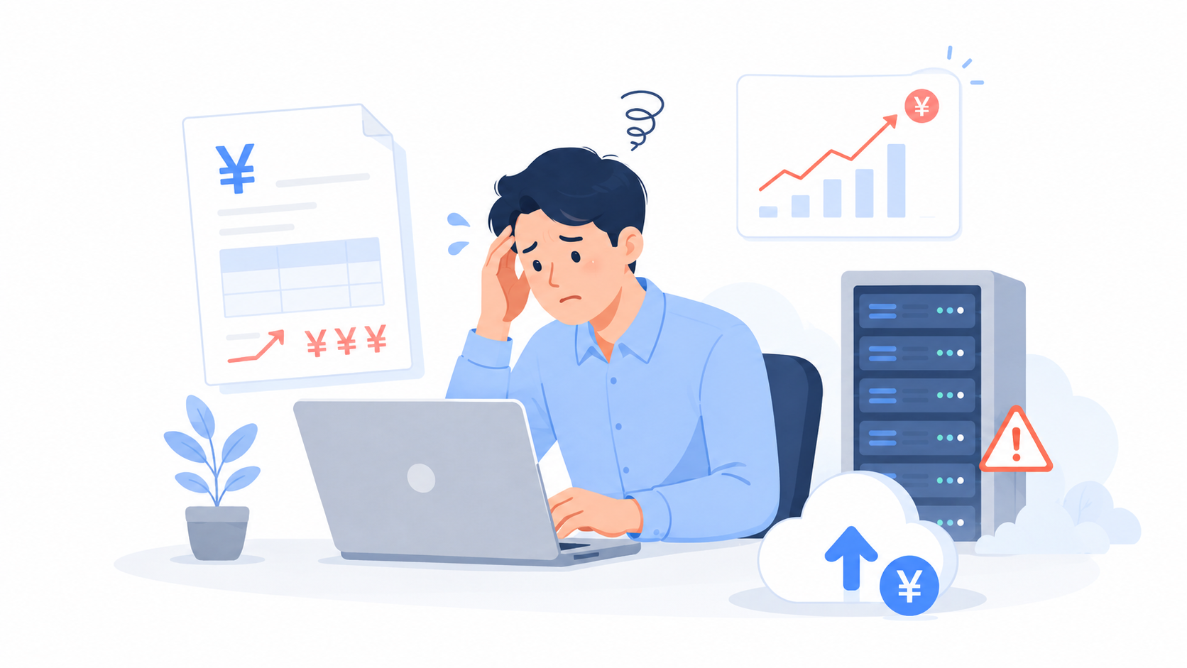 サーバー代の見直しに悩む担当者のイラスト
